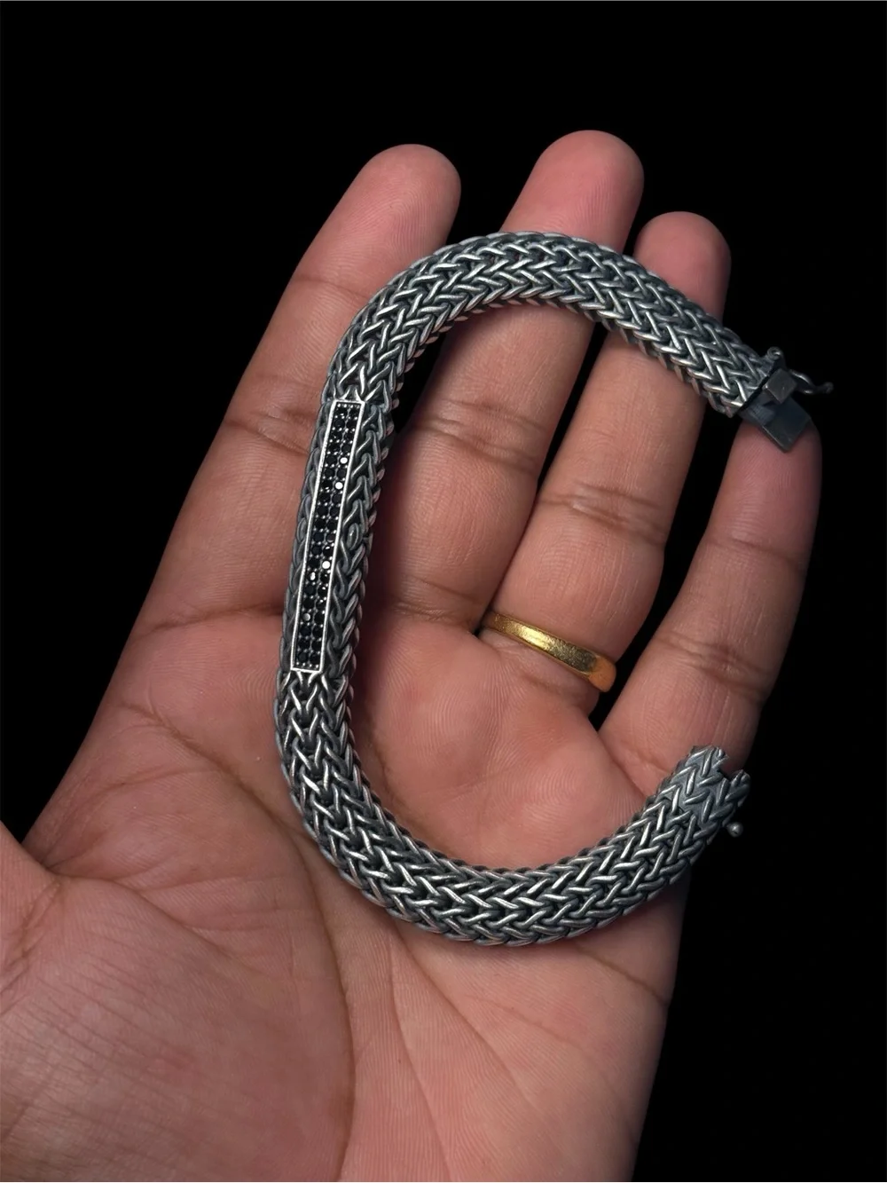 925 Sterling Silver Braided Bracelet with Black Stones – 10.5 mm – 8.2” inches